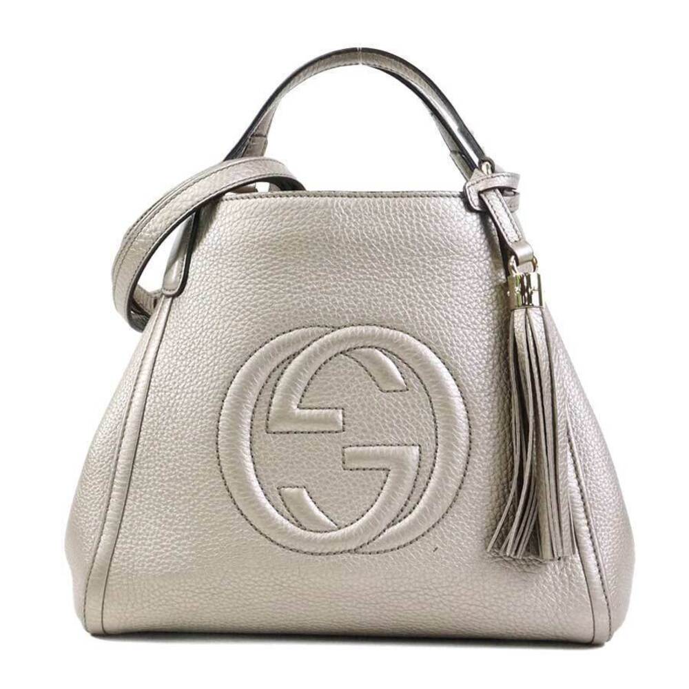 Gucci Soho Leather Metallic 2Way Shoulder Bag Greige Gray